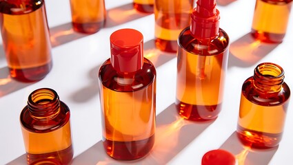 Amber cosmetic bottles assortment minimalist composition still life