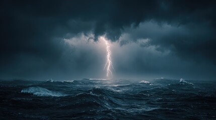 Dramatic Lightning Strike Over a Stormy Ocean at Night.