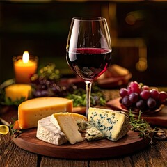 Wine and cheese tasting platter with grapes and candles