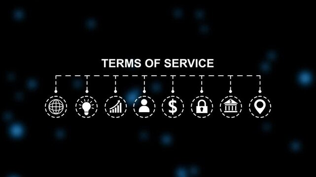 Terms of service concept with interconnected icons and blurred blue bokeh lights on a dark background
