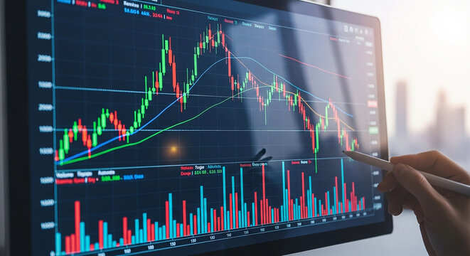 Stock trader analyzing cryptocurrency chart on computer screen using stylus pen - Powered by Adobe