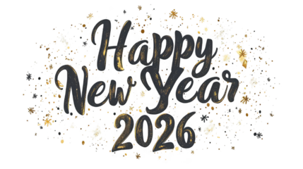 Happy new year 2026 lettering with gold confetti isolated on transparent background