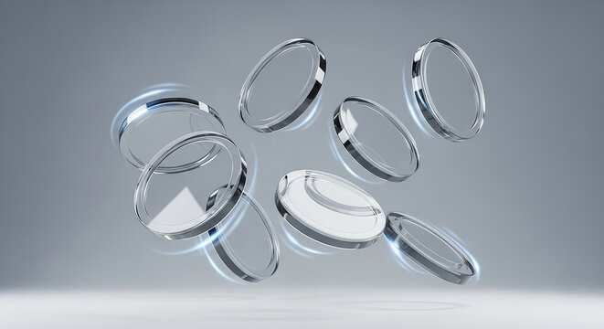 Glass rings rotating on gray background with blue light trails