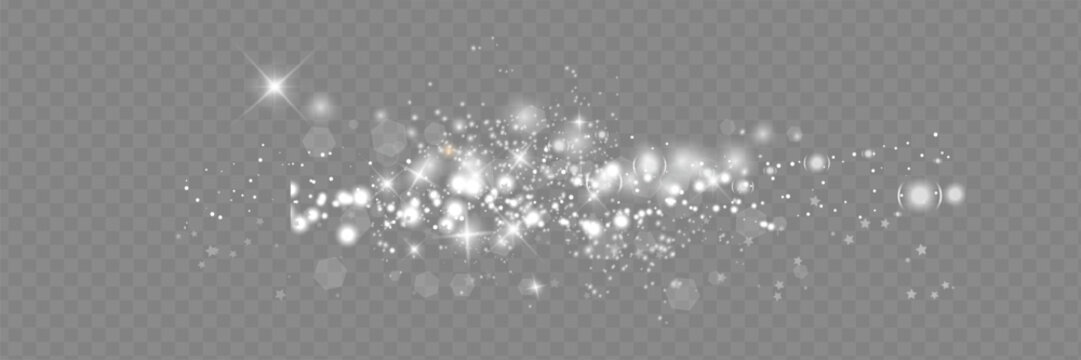 White sparkles shiny special light effect. Vector sparkles on a transparent background. Christmas abstract illustration. Sparkling Arcane Dust Particles