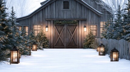 Cozy winter scene featuring a rustic wooden barn surrounded by snow-covered trees and lanterns