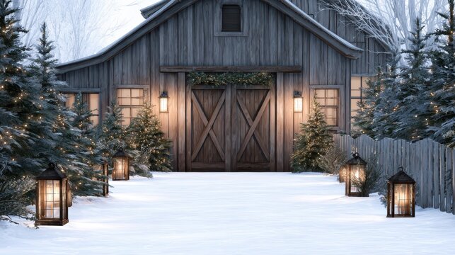 Cozy winter scene featuring a rustic wooden barn surrounded by snow-covered trees and lanterns