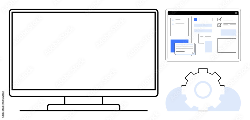 Poster desktop monitor next to a digital interface layout and gear, blending technology, web interface, and
