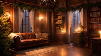 Cozy, elegantly decorated living room with a leather sofa, warm lighting, and festive greenery accents