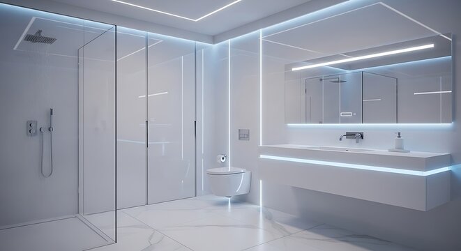 Modern White Bathroom with Neon Lighting and Minimalist Design, Featuring Shower and Toilet