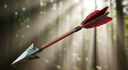 Close-up of a traditional hunting arrow with a metallic point and feathered fletching in a sun-drenched enchanted forest