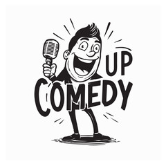 Cartoon Character Performing Stand Up Comedy Vector Logo on white background
