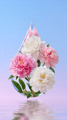 Teardrop mirror reflecting pink and white peony flower with water droplet on petals and soft blue pink gradient background, evoking delicate romantic mood
