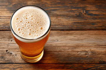 Golden amber beer in foaming pint glass on rustic wooden table, top down composition conveying refreshment and cozy atmosphere