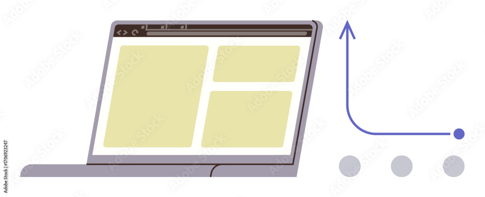 Poster open laptop with a webpage layout and adjacent upward trend graph with dots. ideal for growth, analy