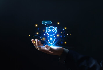 Businessman holding virtual AI chatbot hologram with digital communication icons, concept of...