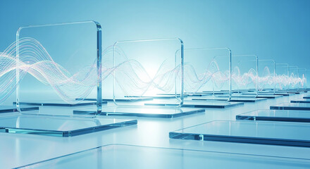 Digital wave flowing through glass panels representing data transmission