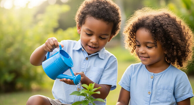Two happy children watering plants in garden together