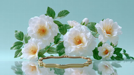 White peony flower arrangement on turquoise background with gold mirror tray reflecting petals and soft light, elegant floral still life with green leaf detail and delicate romantic mood