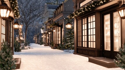 Fototapeta premium Charming winter street scene with festive decorations, snow-covered path, and cozy shops illuminated at night