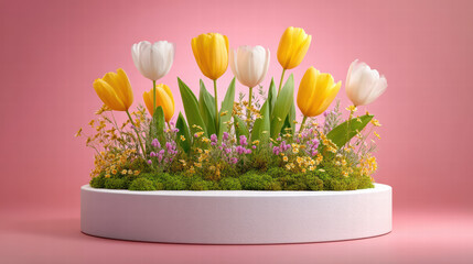 Spring arrangement of yellow and white tulip flowers planted in round white planter on pink background, surrounded by green moss and small wildflower accents conveying fresh cheerful mood
