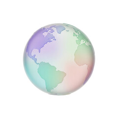 Fototapeta premium Iridescent globe 3D render, translucent world map, pastel colored earth, holographic planet icon.