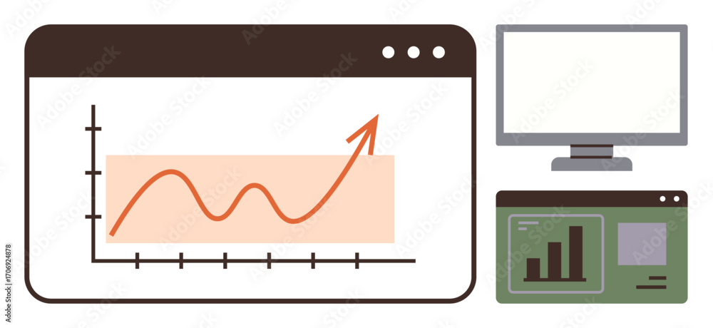 Aufkleber chart with upward trend on a web page, green analytics screen, and computer monitor. ideal for busin