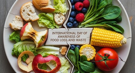 Top-down illustration for Food Loss and Waste Awareness Day, contrasting fresh produce with discarded food scraps on a broken plate, perfect for articles and social media