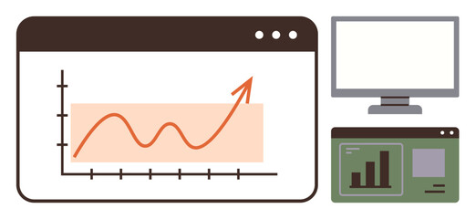 Chart with upward trend on a web page, green analytics screen, and computer monitor. Ideal for business growth, data analysis, statistics, reporting, performance tracking, finance simple flat
