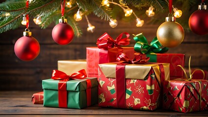 Christmas Gifts under Tree with Ornaments and Lights