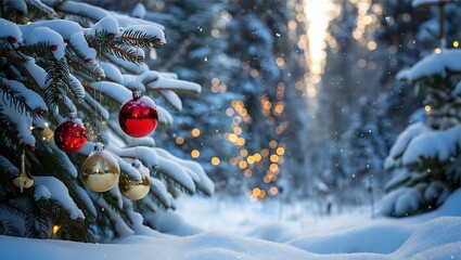 Christmas ornaments hanging from snow covered fir tree branches