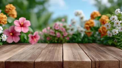 Wooden plank table tropical flower pink hibiscus orange rose white daisy blurred garden scene rustic wooden plank table foreground with tropical pink hibiscus, orange rose and white daisy blurred