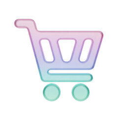 Holographic Shopping Cart Icon: A modern 3D digital illustration of a transparent shopping cart with a vibrant pink, purple, and blue gradient, symbolizing e-commerce, online shopping, and retail.