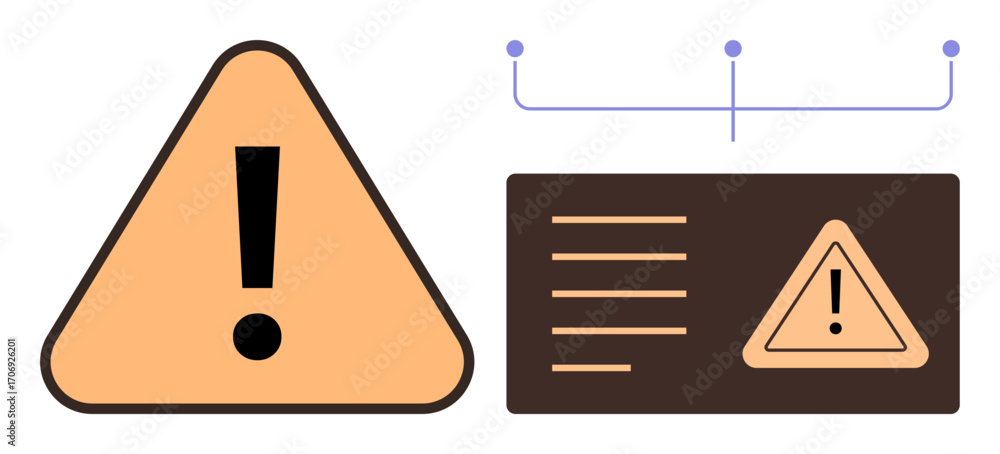 Poster yellow triangular warning with exclamation, text block on dark panel, and connected points diagram. 