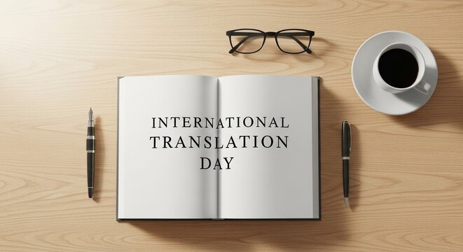 Clean, modern flat-lay illustration celebrating International Translation Day, with an open book on a wooden desk surrounded by a cup of coffee, glasses, and pens