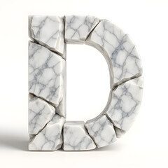 Letter D made from cracked marble stone blocks isolated on white background