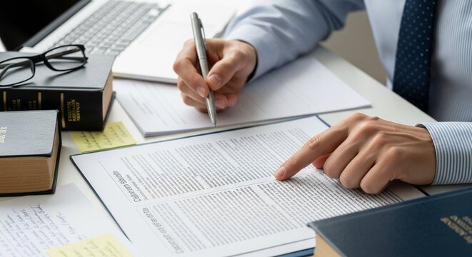 Professional photo of a person's hands reviewing a contract or legal document on a desk, for concepts of business, finance, and legal affairs