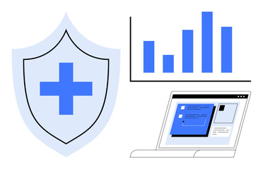 Obraz premium Shield with medical cross, bar chart, and laptop screen. Ideal for healthcare, data analytics, security, technology, medical solutions research online safety. Simple flat metaphor