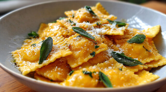 Pumpkin ravioli with brown butter sage sauce topped with grated cheese served in bowl, showcasing warm and comforting meal