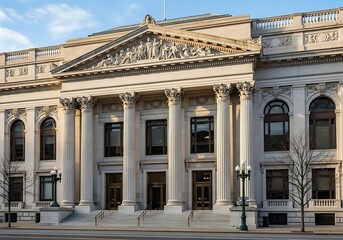 Fototapeta premium Elegant neoclassical courthouse exterior with majestic columns and ornate pediment, representing the enduring principles of justice and governance