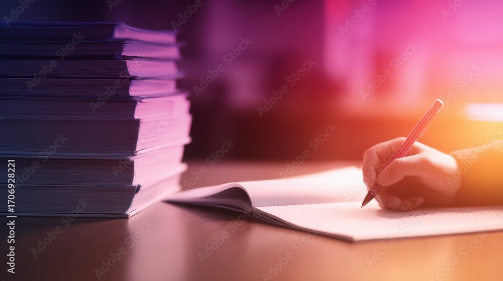 Poster a person writing notes in a notebook at a desk surrounded by stacks of papers in a softly lit room