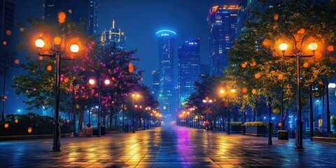 A city street with a walkway and trees