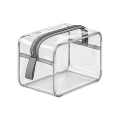 Clear transparent zippered cosmetic bag for travel and organization isolated on transparent background