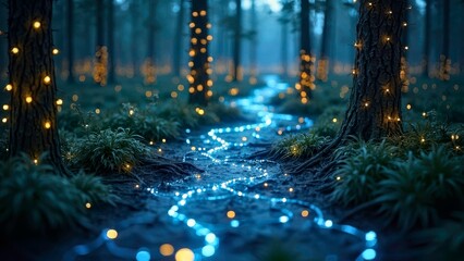 Technology driven forest, glowing river landscape