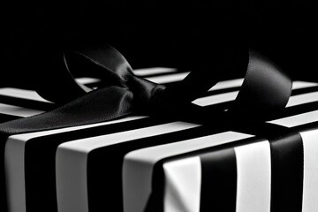 Elegant Gift Box with Black and White Stripes and Ribbon.