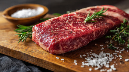 Raw marbled beef steak on wooden cutting board with coarse salt and fresh rosemary herb for cooking preparation
