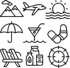Vector art of summer vacation icon set the set includes icons of beach, umbrella, cocktail, island, mountain, and other summer vacation related