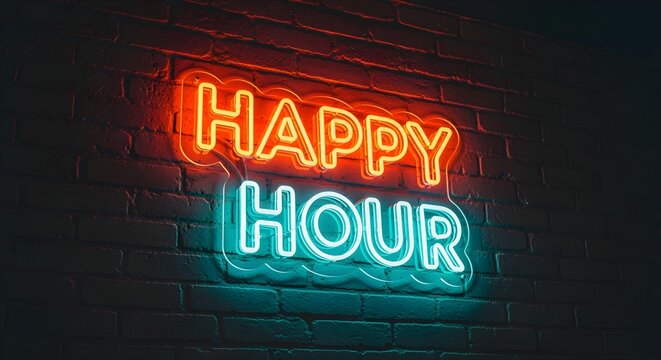 Happy Hour Neon Sign  Bold glowing neon Happy Hour sign on a textured wall, trendy Instagram aesthetic.