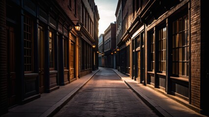 Fototapeta premium Narrow cobblestone street flanked by historical brick buildings, bathed in soft evening light, creating a serene and inviting atmosphere.