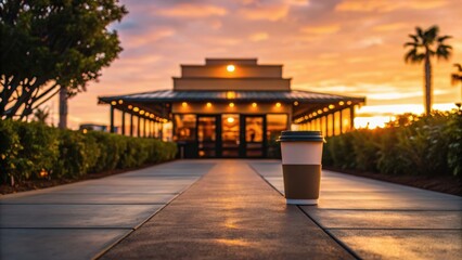 A coffee cup sits on a path leading to a beautifully lit building at sunset, framed by lush greenery and a colorful sky.