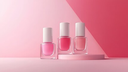 Three bottles of nail polish are on a pink background
